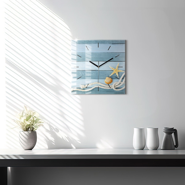 Square glass wall clock Boards stripes and shell