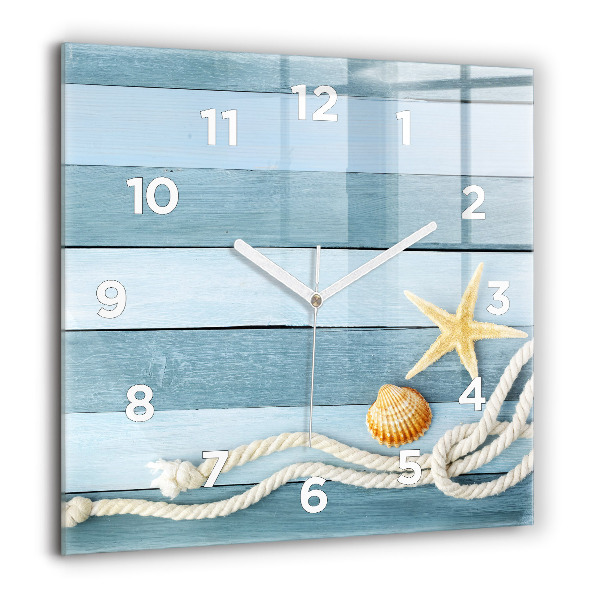 Square glass wall clock Boards stripes and shell
