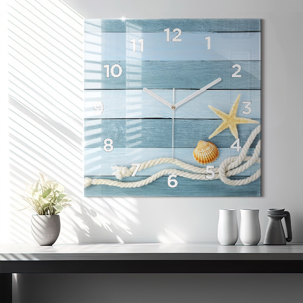 Square glass wall clock Boards stripes and shell