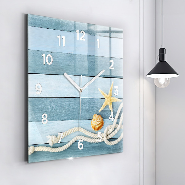 Square glass wall clock Boards stripes and shell