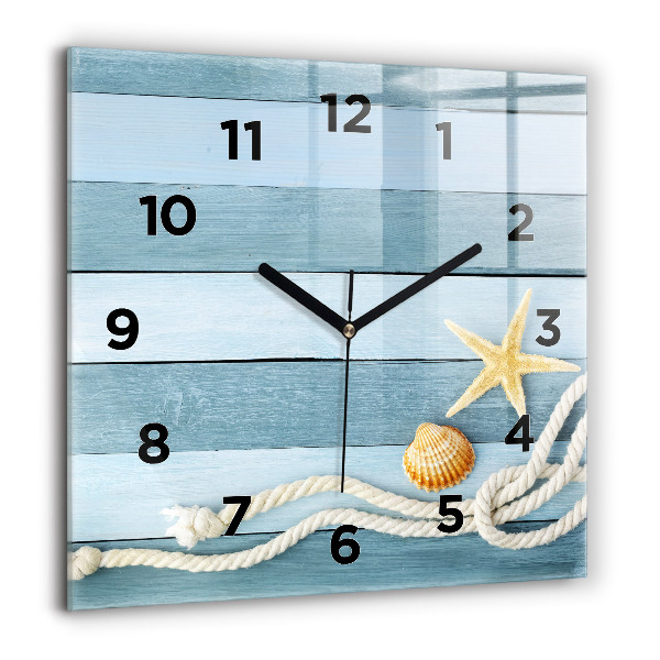 Square glass wall clock Boards stripes and shell