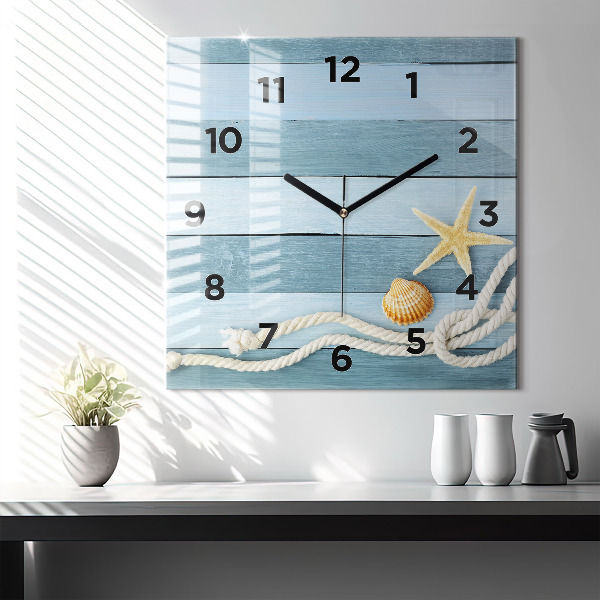 Square glass wall clock Boards stripes and shell