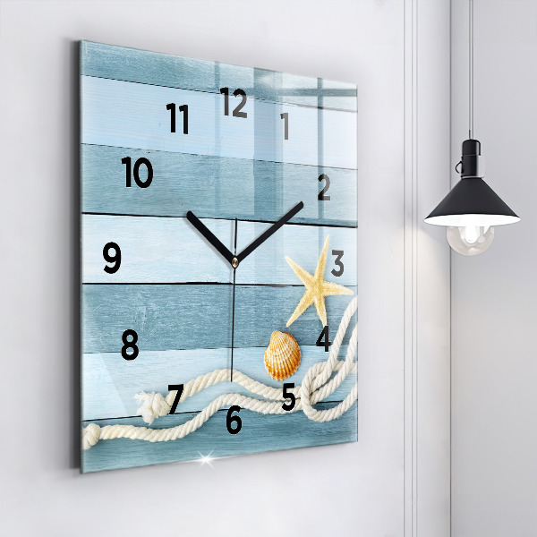 Square glass wall clock Boards stripes and shell