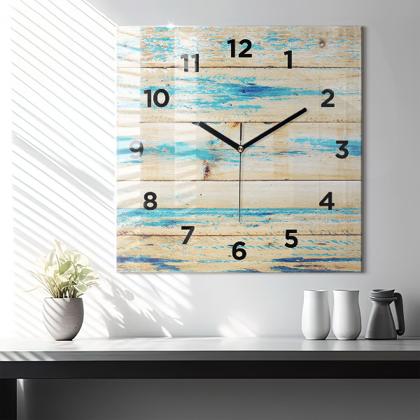 Square glass wall clock Scratched wood
