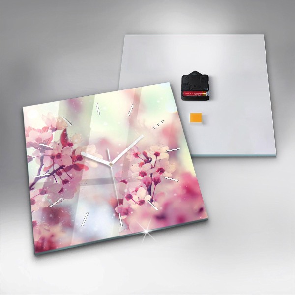 Square glass wall clock Spring flowers