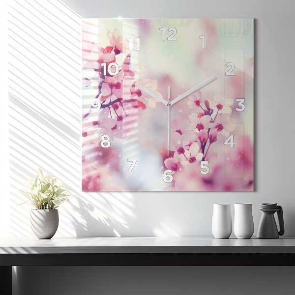 Square glass wall clock Spring flowers