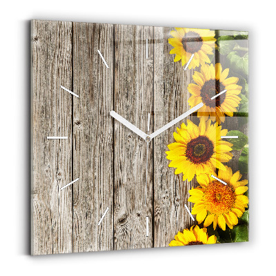 Square glass wall clock Sunflowers on boards