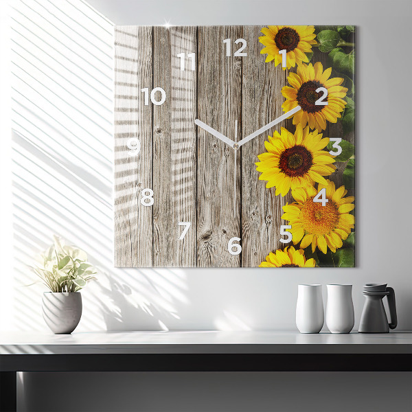 Square glass wall clock Sunflowers on boards