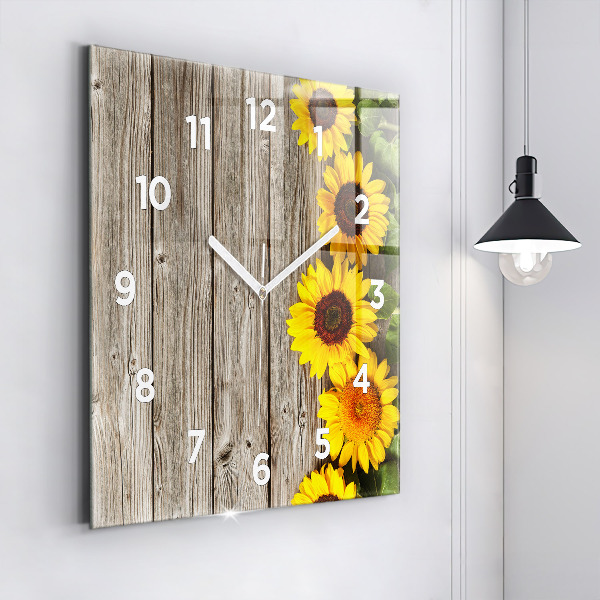 Square glass wall clock Sunflowers on boards