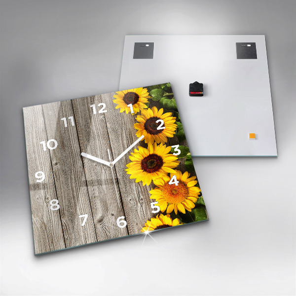 Square glass wall clock Sunflowers on boards