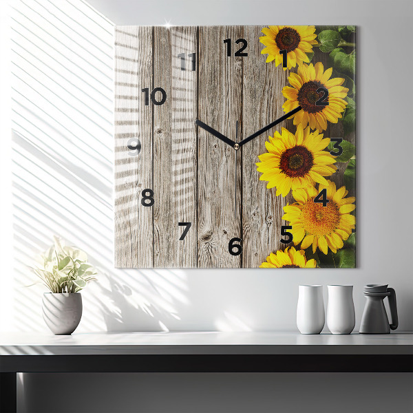 Square glass wall clock Sunflowers on boards