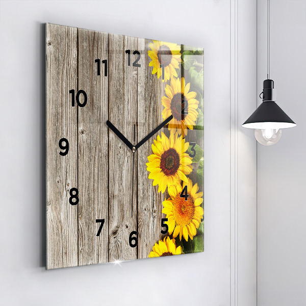 Square glass wall clock Sunflowers on boards
