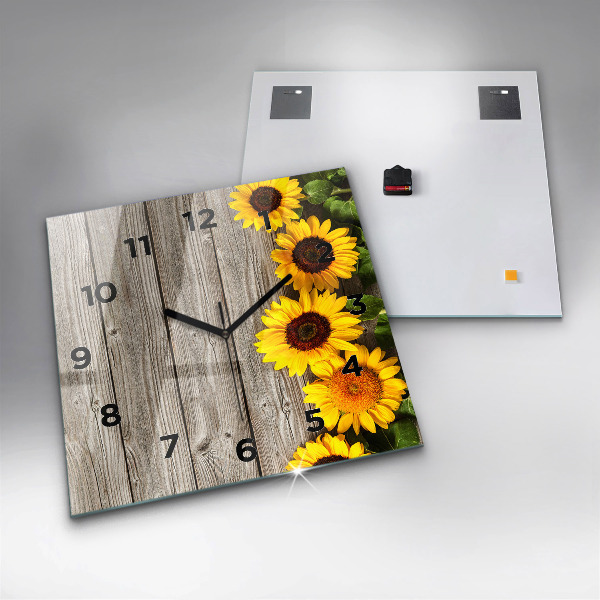 Square glass wall clock Sunflowers on boards