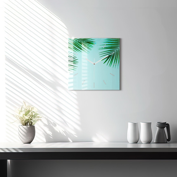 Square glass wall clock Green palm trees