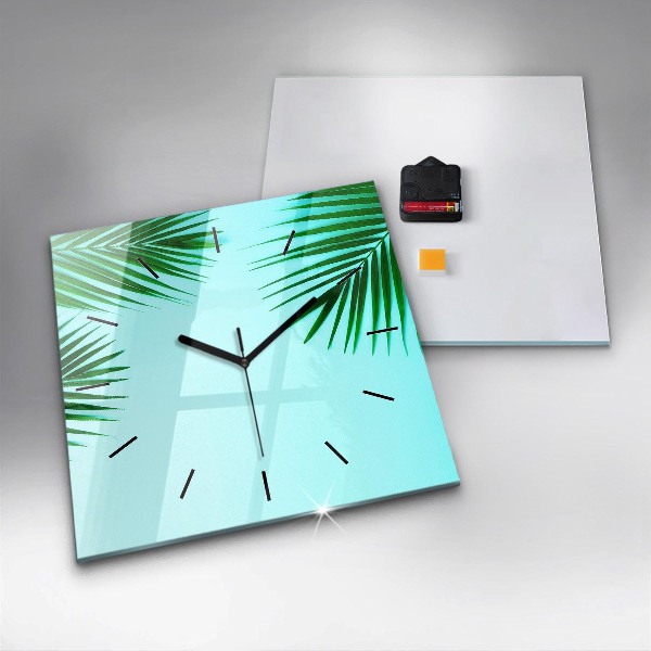 Square glass wall clock Green palm trees