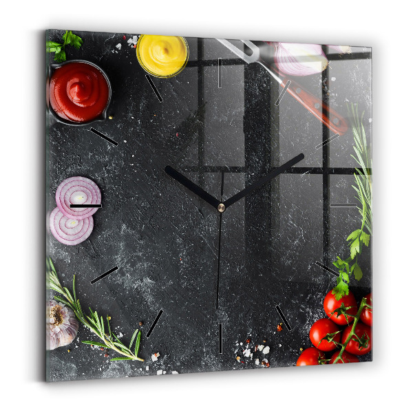 Square glass wall clock Vegetables on the table