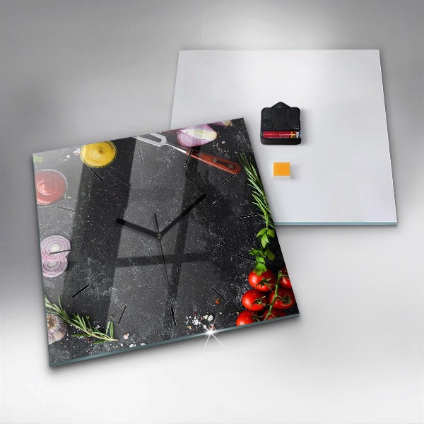 Square glass wall clock Vegetables on the table