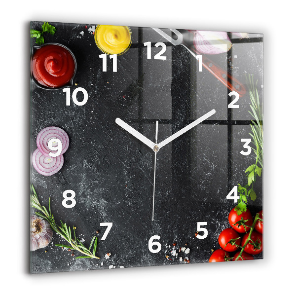 Square glass wall clock Vegetables on the table