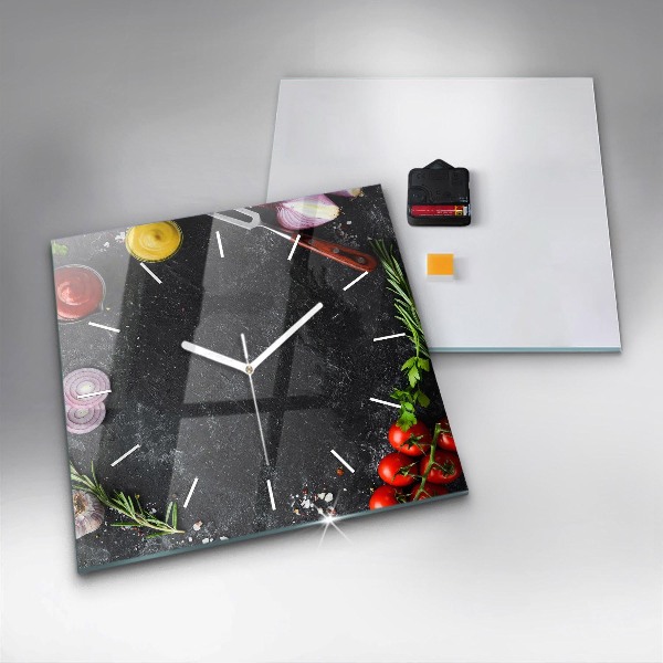 Square glass wall clock Vegetables on the table