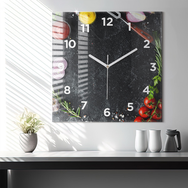 Square glass wall clock Vegetables on the table