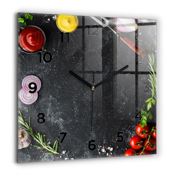 Square glass wall clock Vegetables on the table