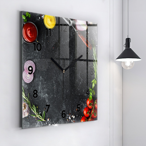 Square glass wall clock Vegetables on the table