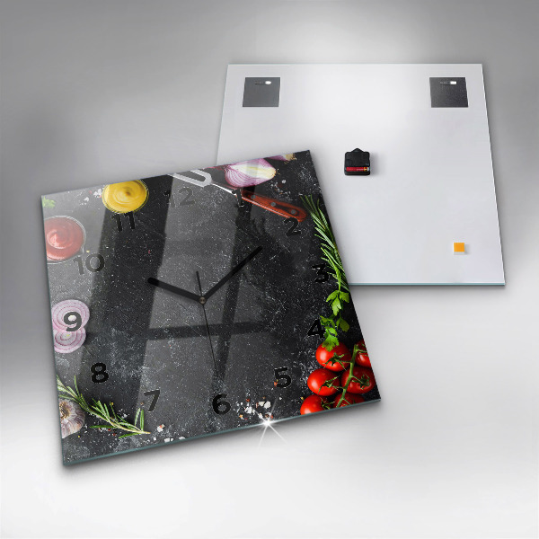 Square glass wall clock Vegetables on the table