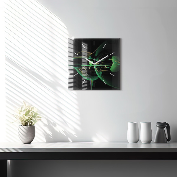 Square glass wall clock Green abstraction