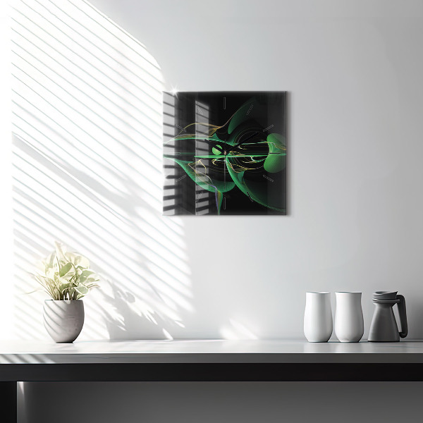 Square glass wall clock Green abstraction