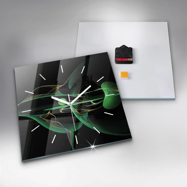 Square glass wall clock Green abstraction