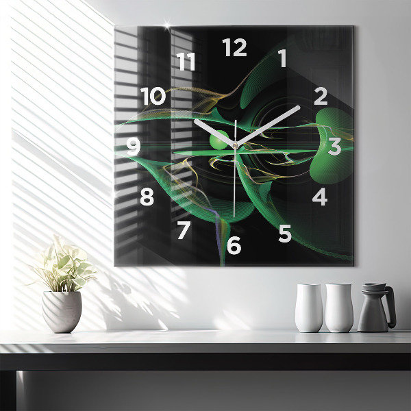Square glass wall clock Green abstraction