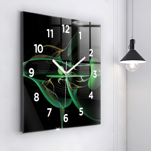 Square glass wall clock Green abstraction