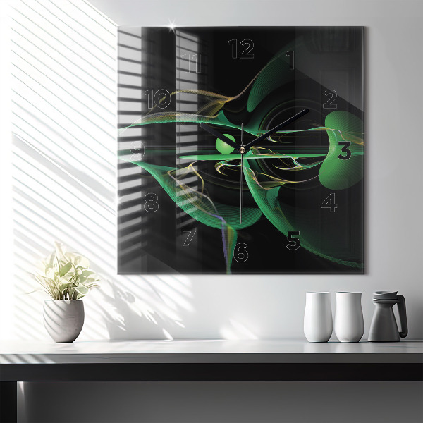 Square glass wall clock Green abstraction