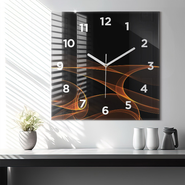 Square glass wall clock Orange lines