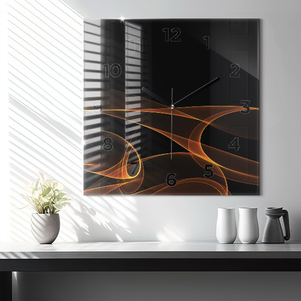 Square glass wall clock Orange lines