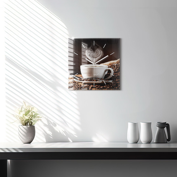 Square glass wall clock A cup of coffee