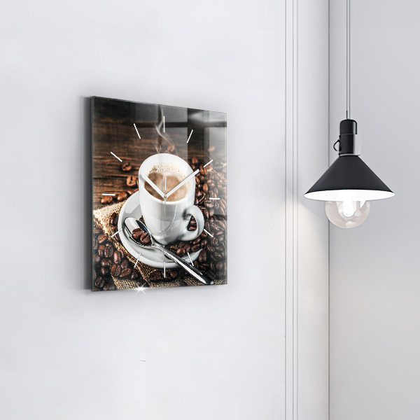 Square glass wall clock Cup and coffee beans