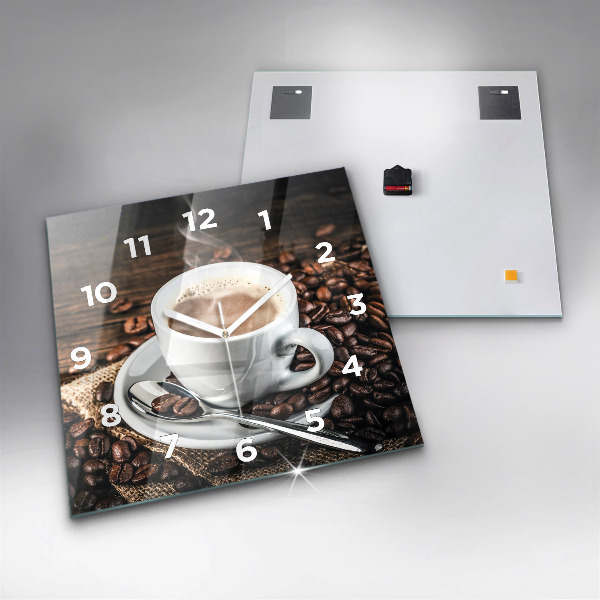 Square glass wall clock Cup and coffee beans