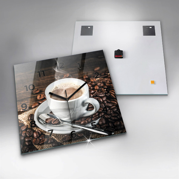Square glass wall clock Cup and coffee beans