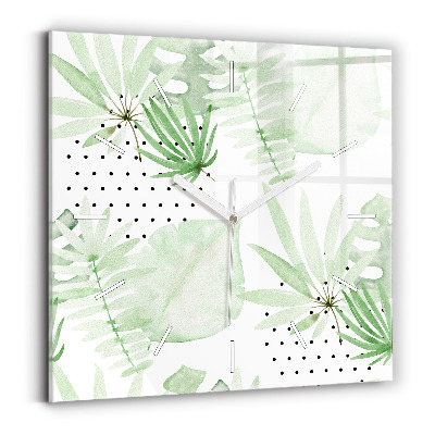 Square glass wall clock Green leaves