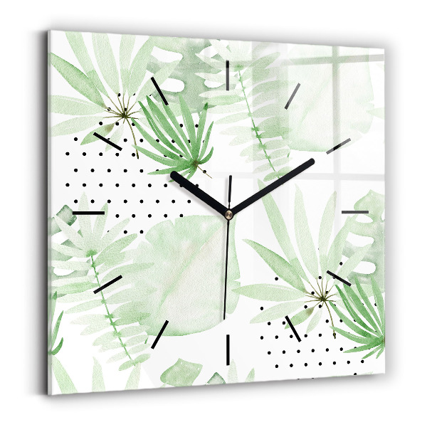 Square glass wall clock Green leaves