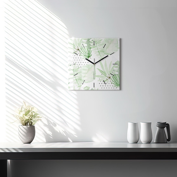 Square glass wall clock Green leaves