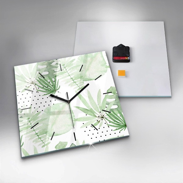 Square glass wall clock Green leaves