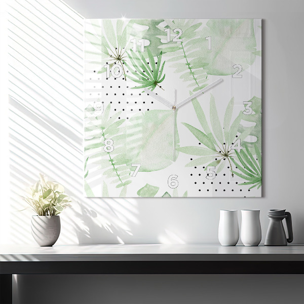 Square glass wall clock Green leaves