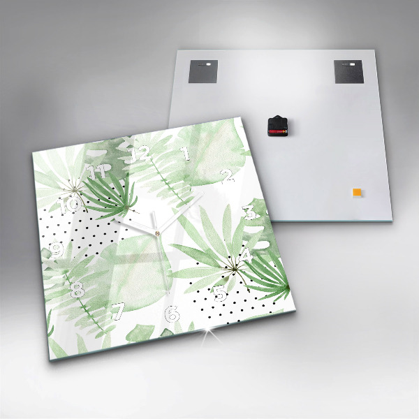 Square glass wall clock Green leaves