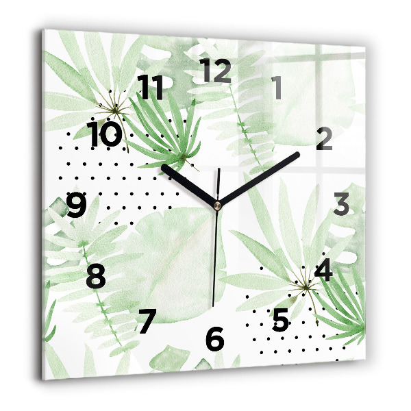 Square glass wall clock Green leaves