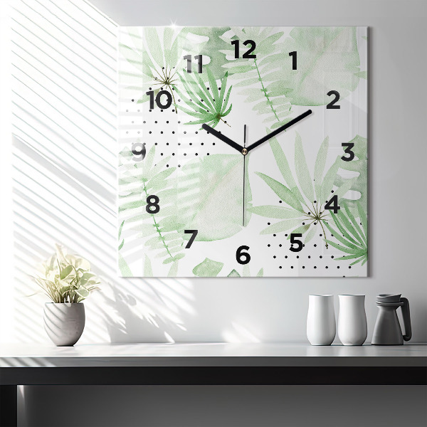 Square glass wall clock Green leaves