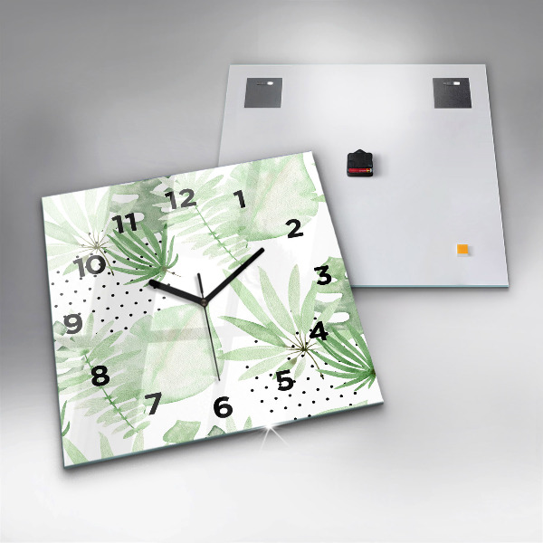 Square glass wall clock Green leaves
