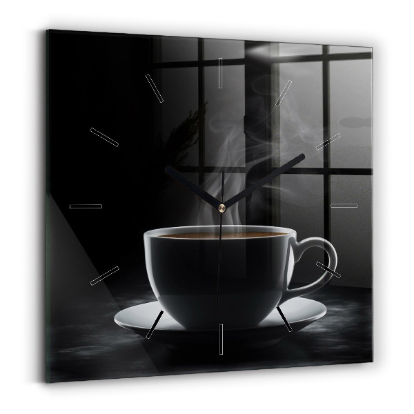 Square glass wall clock A cup of black coffee