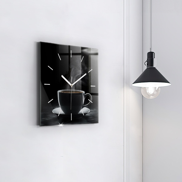 Square glass wall clock A cup of black coffee